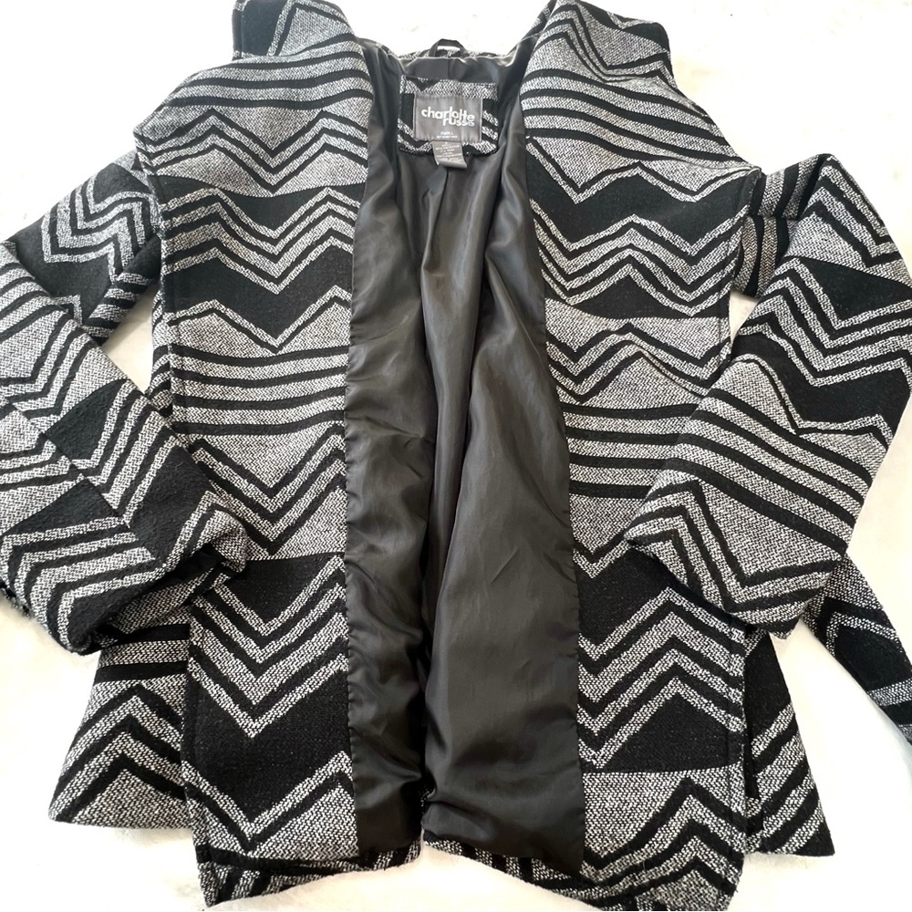 Wool Blend Coat Belted Wrap Geometric Zigzag Charlotte Russe Black Gray Small S - Picture 12 of 15